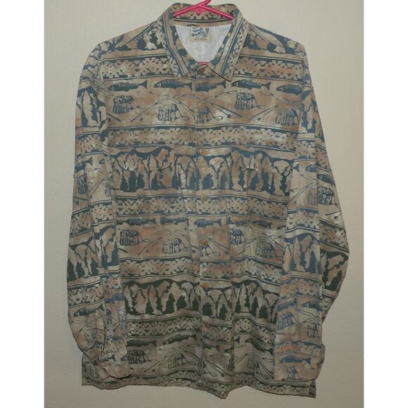 Vtg The Day’s Catch Mens Large LS Button Fishing Shirt Beige Fish Pattern Vented - Picture 1 of 3